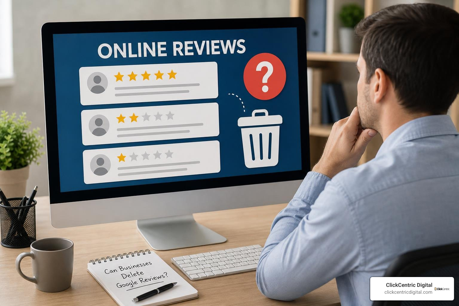 business owner looking at a 1-star Google review on a laptop