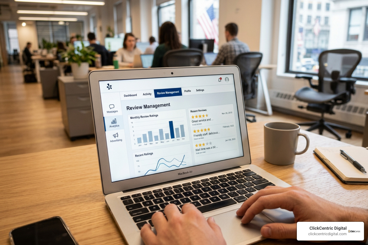 Yelp for Business dashboard interface showing review management tab