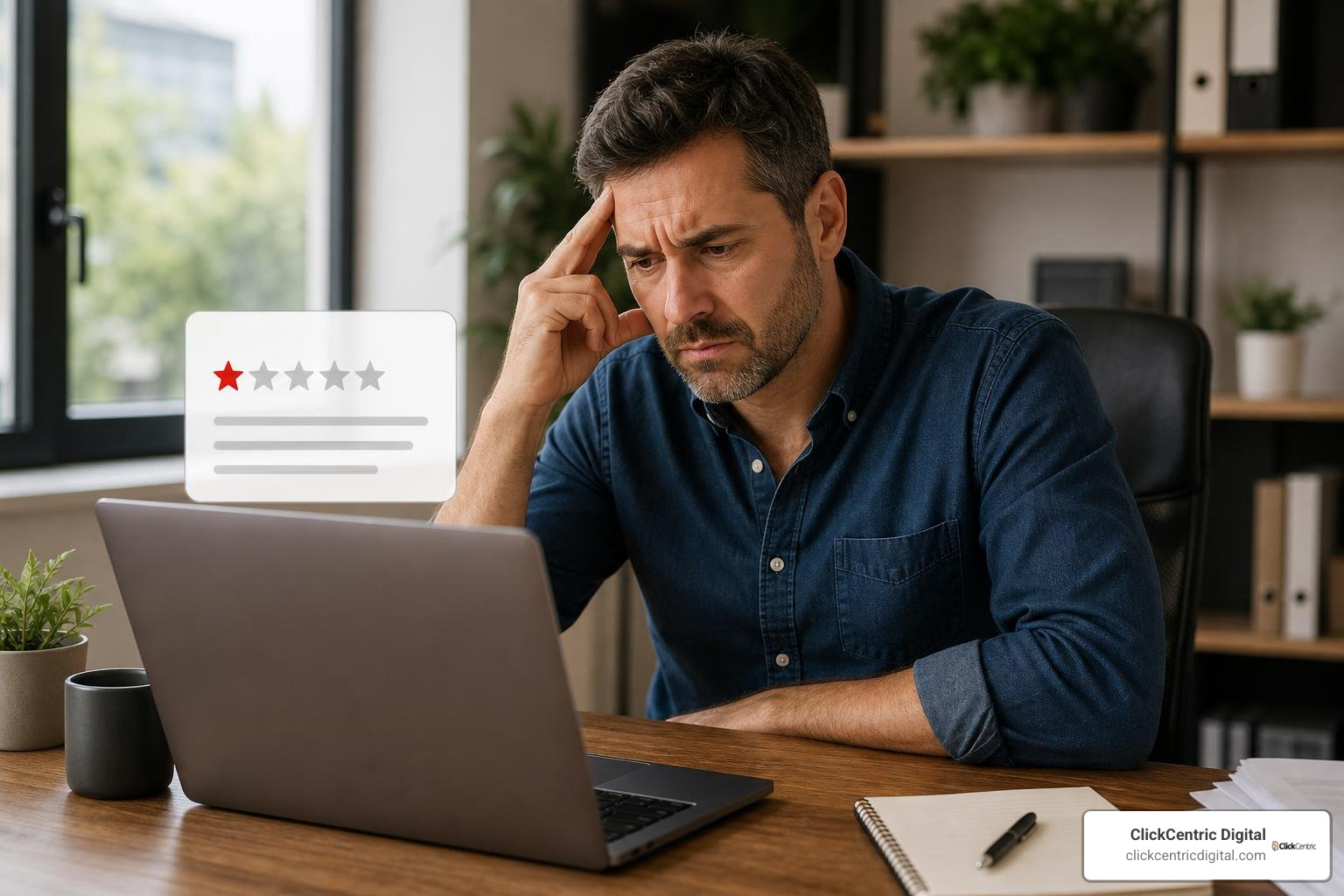 business owner looking at a negative Google review on a laptop, local reputation