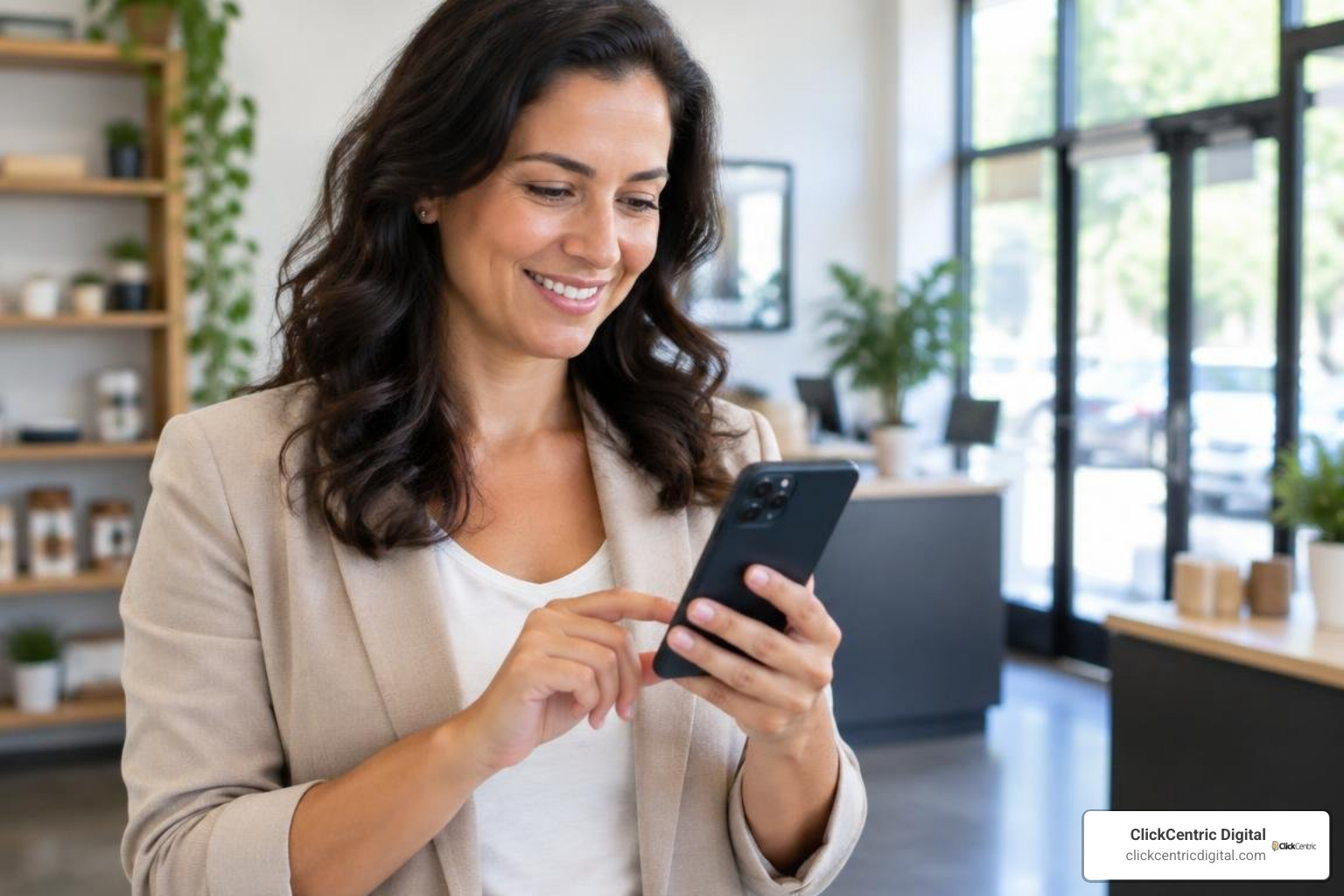 business owner viewing local business ratings on a smartphone