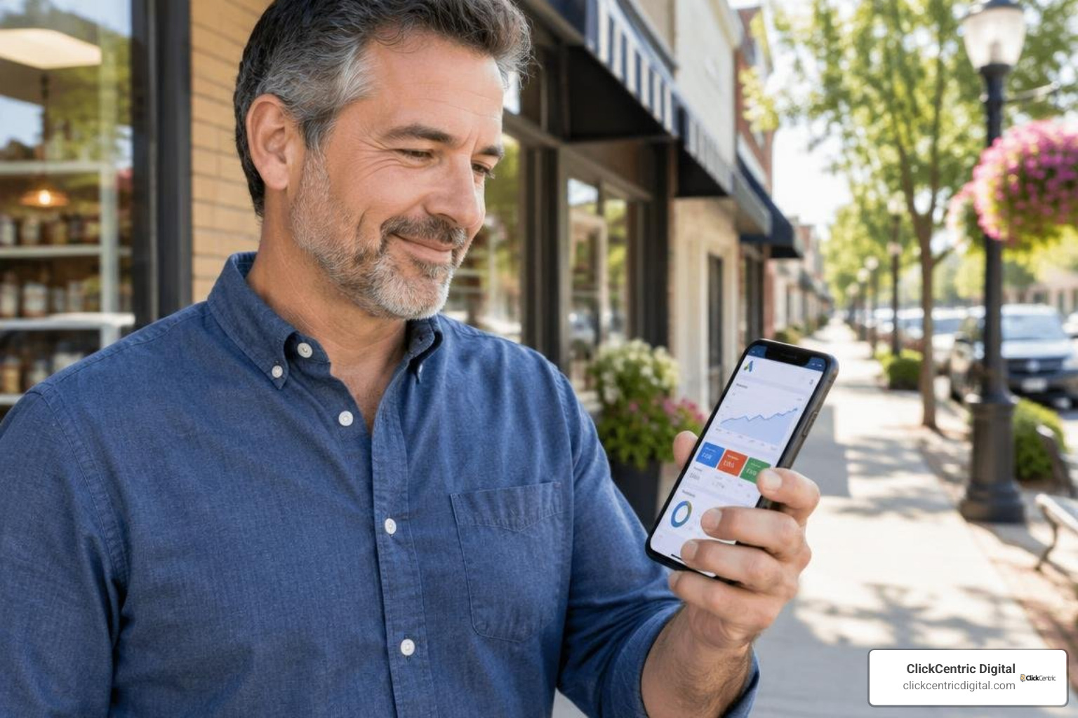 local business owner checking Google Ads on a phone