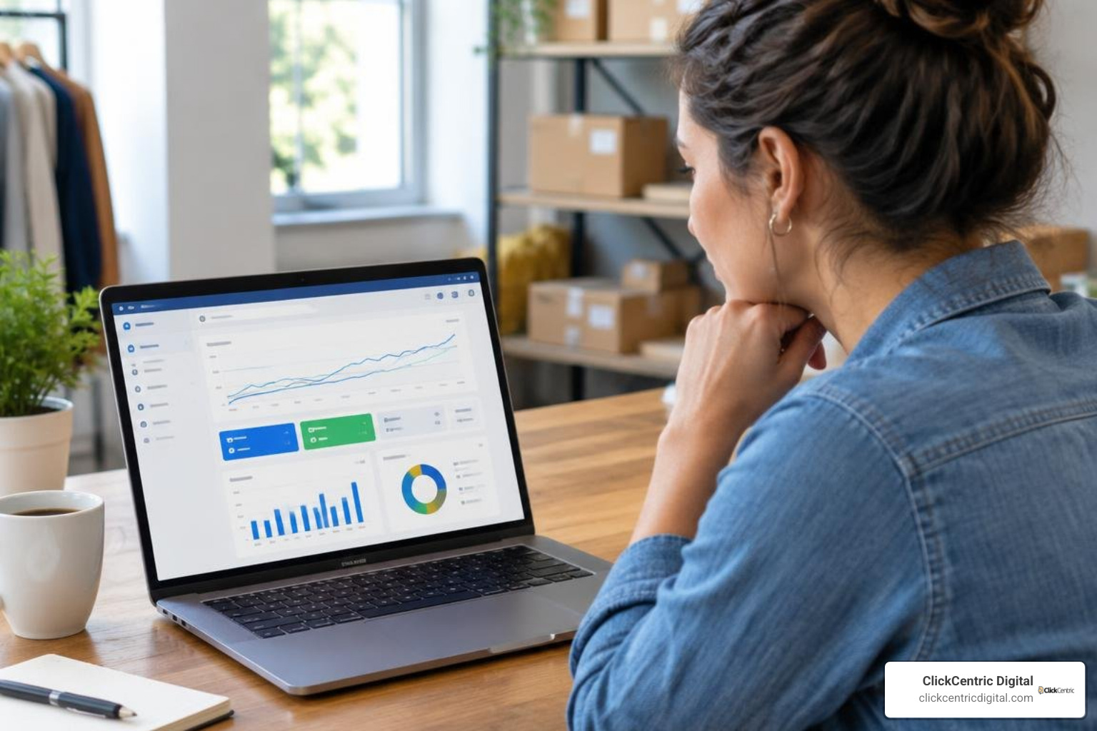 Small business owner reviewing a Google Ads dashboard