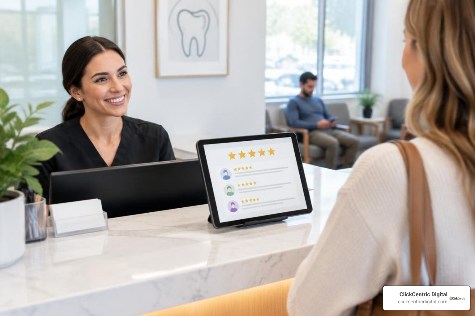 modern dental office with tablet showing patient reviews