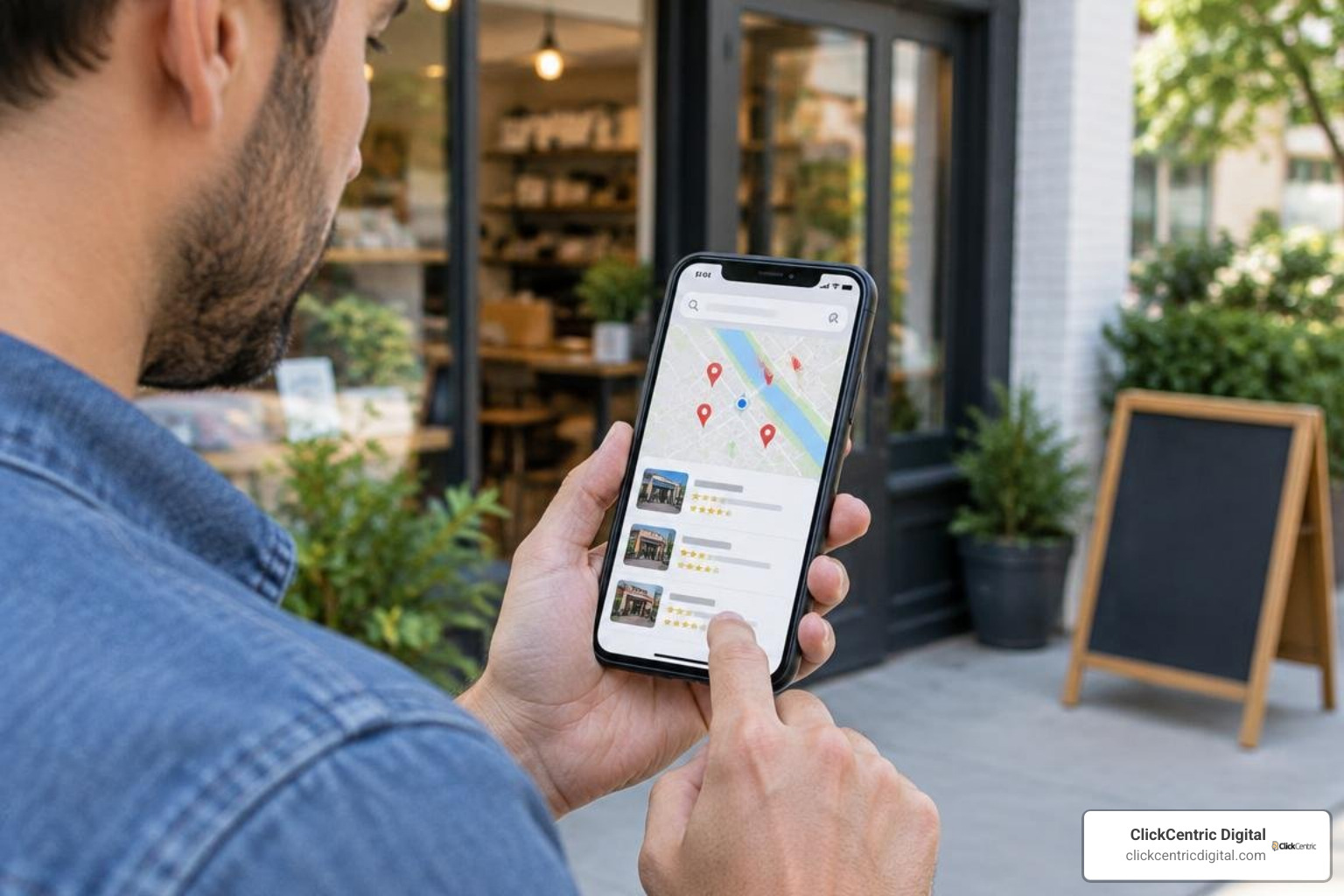 local business owner viewing Google Maps results on a smartphone